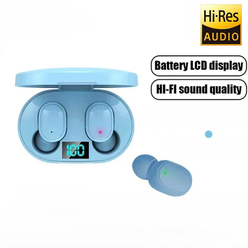 Blue wireless earbuds with charging case on a white background, featuring Hi-Res Audio, Battery LCD display, and Hi-Fi sound quality text.