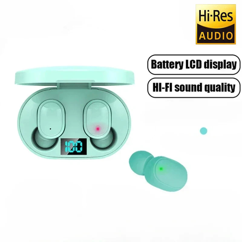 Mint green wireless earbuds with charging case on a white background, featuring Hi-Res Audio, Battery LCD display, and HI-FI sound quality text.