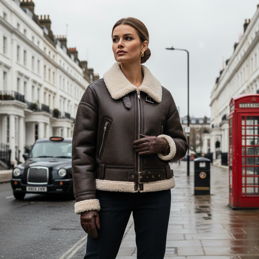 Woman wearing a brown leather jacket with white fur trim on a city street.