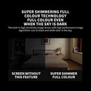 Comparison of screen quality with and without super shimmer full color technology in a bedroom setting.