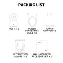 Packing list with icons and text for a product, including host, power connection cable, power adapter, instruction manual, and wall-mounted accessory kit.