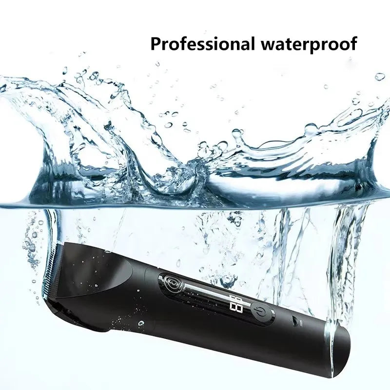 Black electric shaver with water splash and 'Professional waterproof' text
