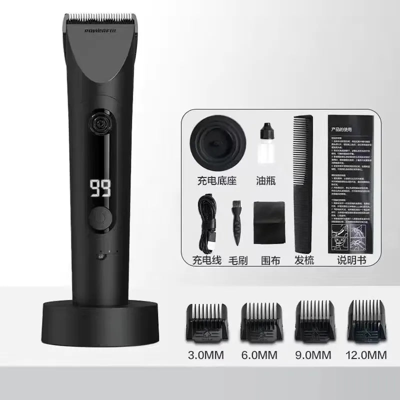 Black hair trimmer with attachments and packaging on a white background