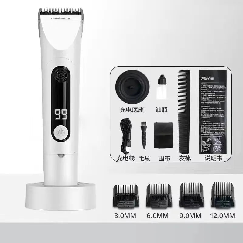 Hair trimmer set with attachments and packaging on a white background