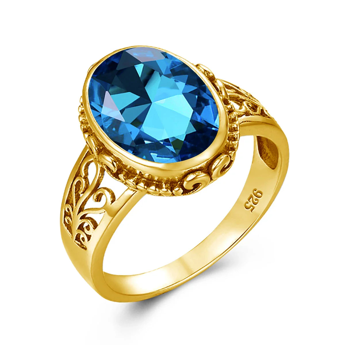 Gold ring with a blue gemstone on a white background