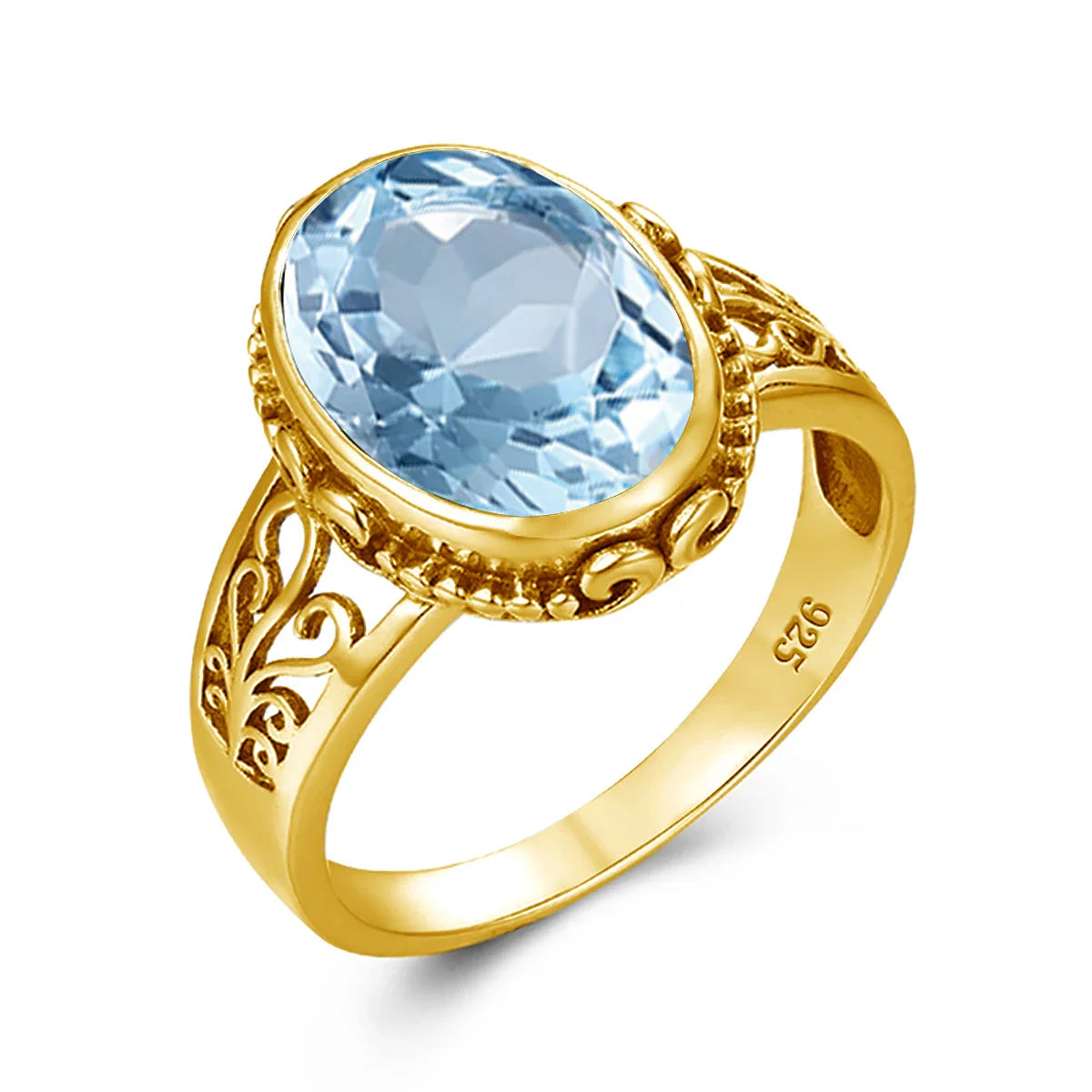 Gold ring with a blue gemstone on a white background