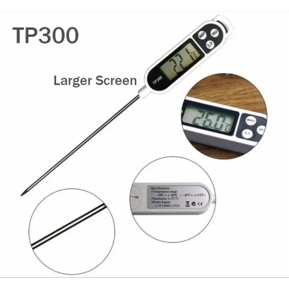 Digital thermometer with larger screen labeled TP300 on a white background