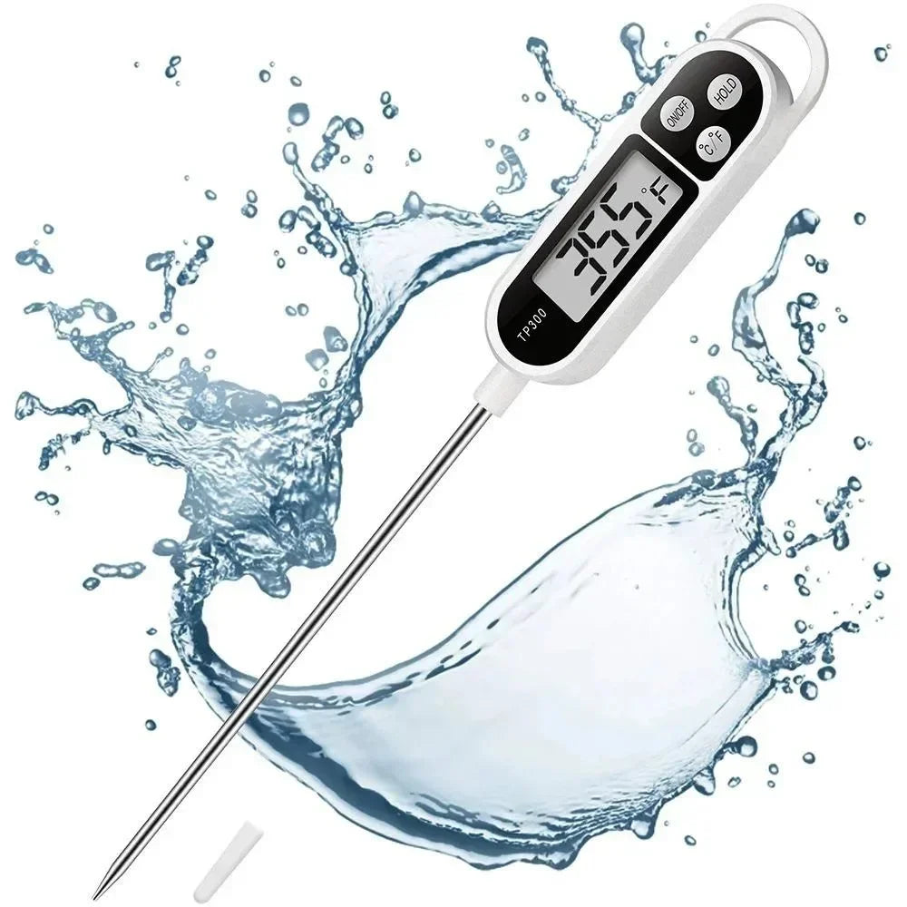 Digital thermometer with a probe in water, displaying temperature.