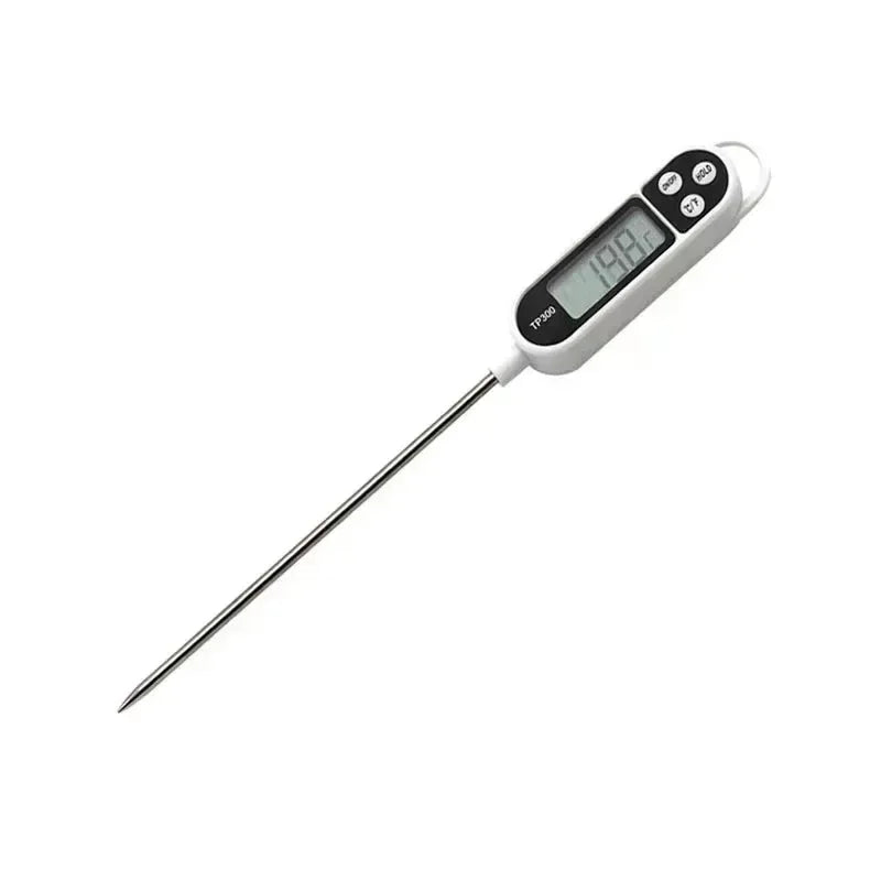 Digital thermometer with a long probe on a white background