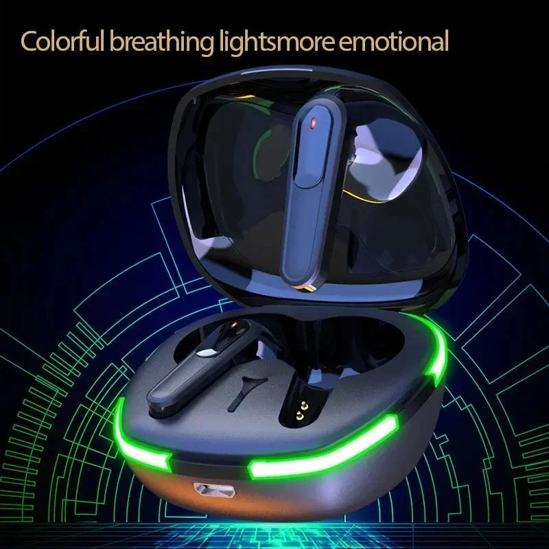 Wireless earbuds in a charging case with colorful lighting on a dark background