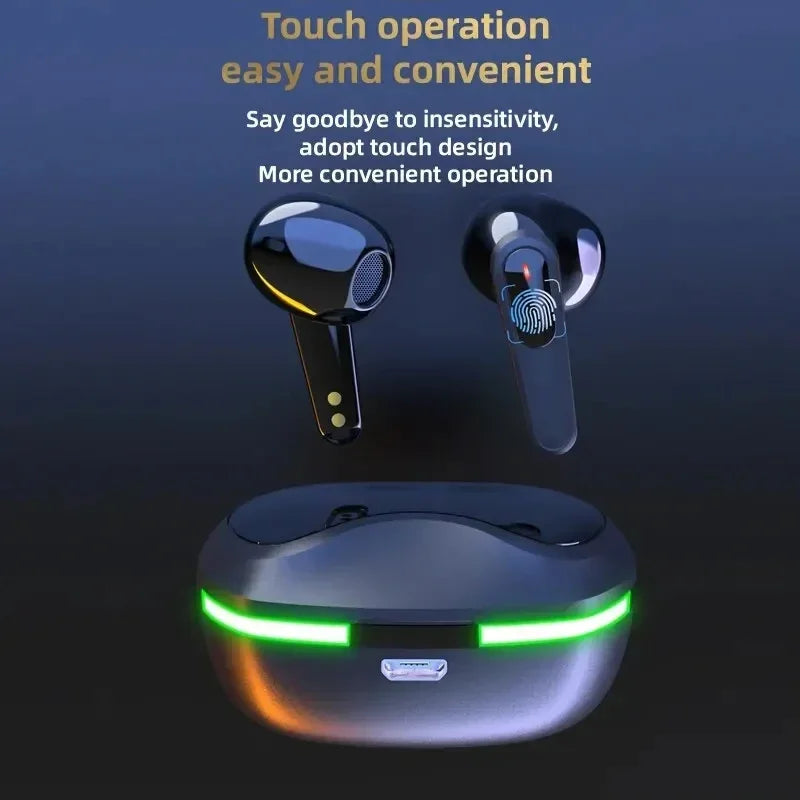 Wireless earbuds with touch operation feature and charging case on a dark background