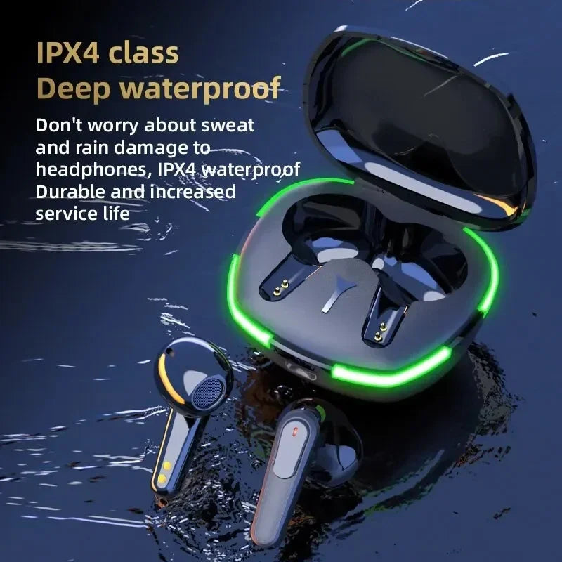 Wireless earbuds with charging case on a water surface, emphasizing IPX4 waterproof feature.