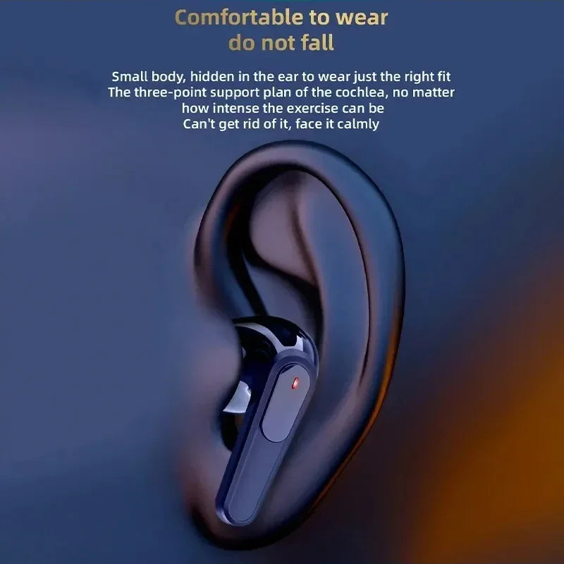 Wireless earbud in an ear with a blue gradient background