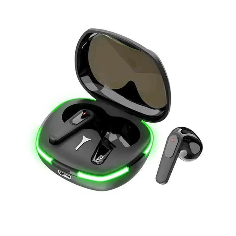 Black wireless earbuds with charging case on a white background