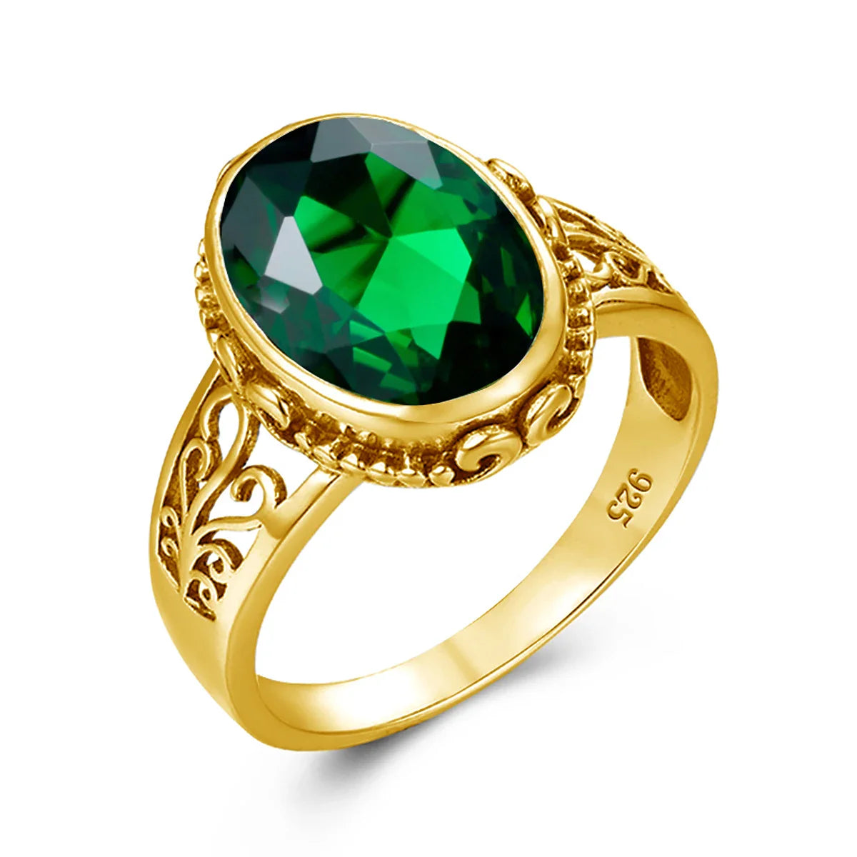 Gold ring with a green gemstone on a white background