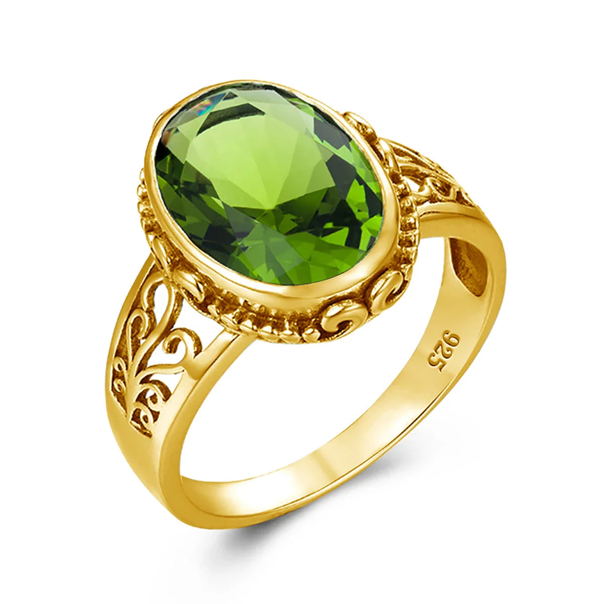 Gold ring with a green gemstone on a white background