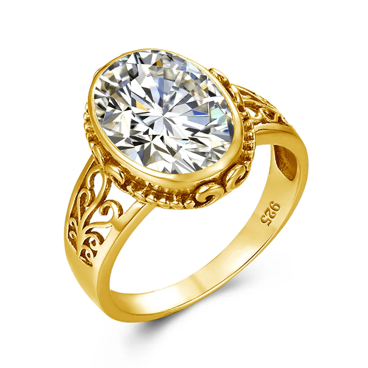Gold ring with a large diamond on a white background