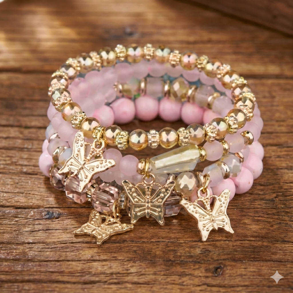 Butterfly Bracelet Set: 4Pc Pink Boho Beaded Stack Gift
