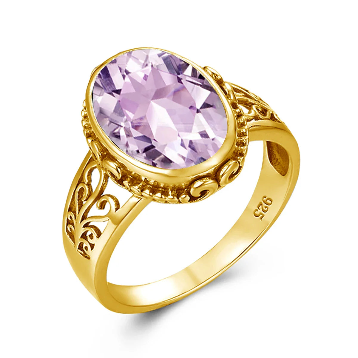 Gold ring with a purple gemstone on a white background