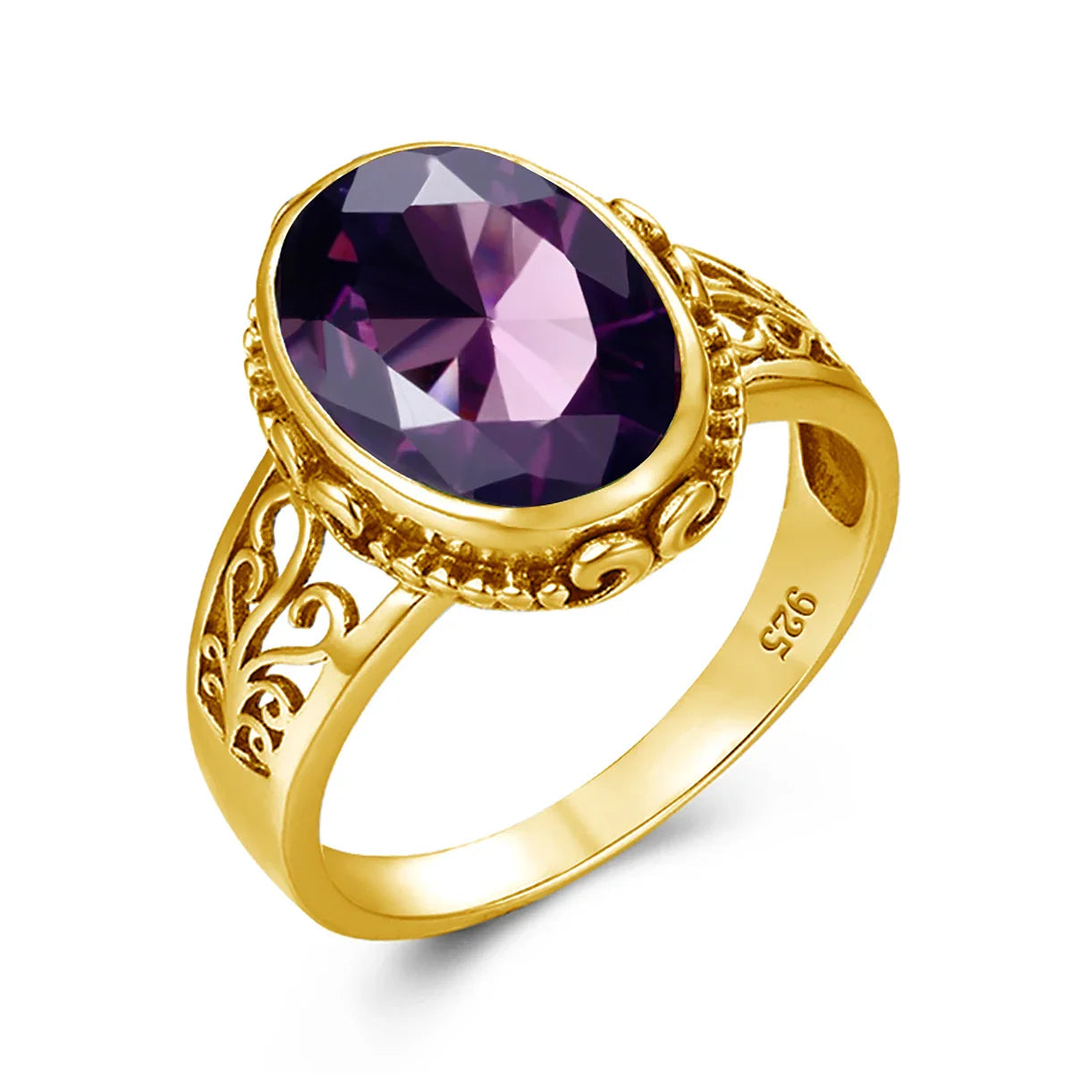 Gold ring with a purple gemstone on a white background