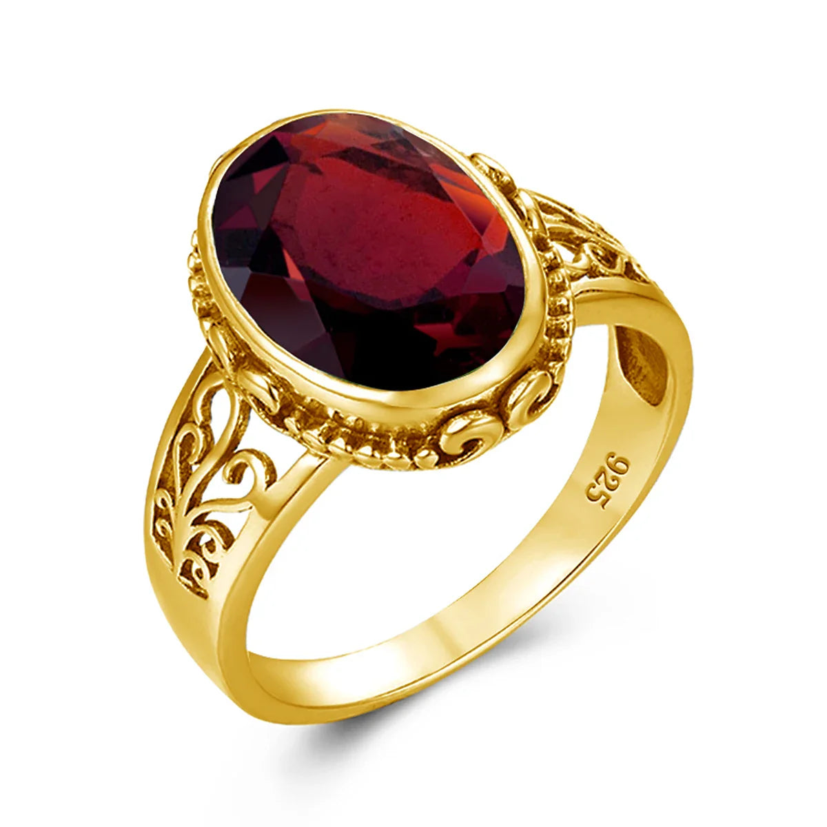 Gold ring with a red gemstone on a white background