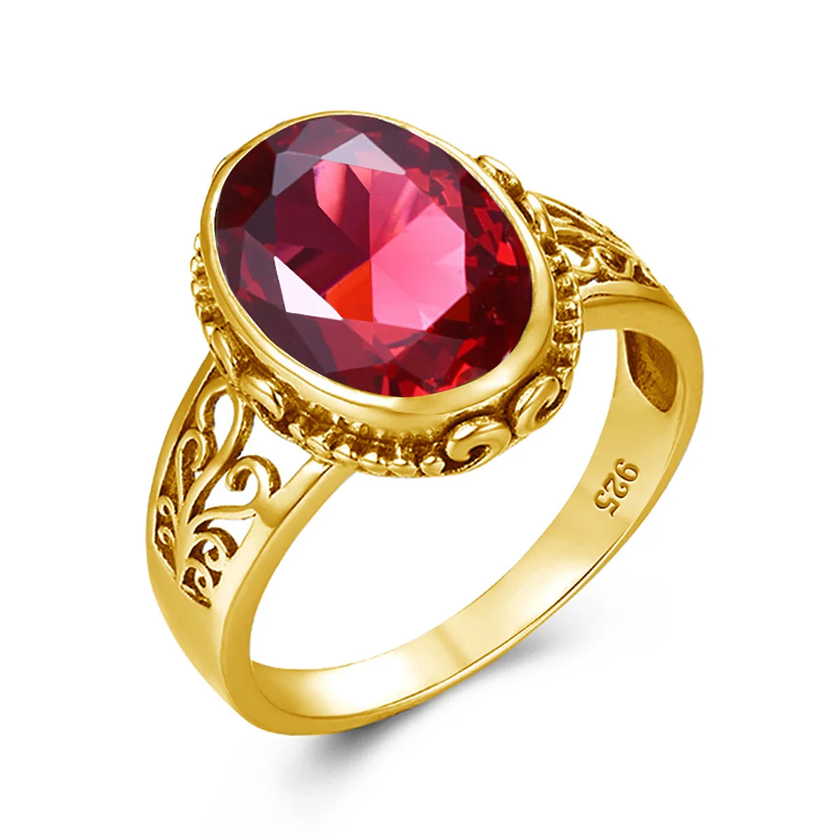 Gold ring with a red gemstone on a white background