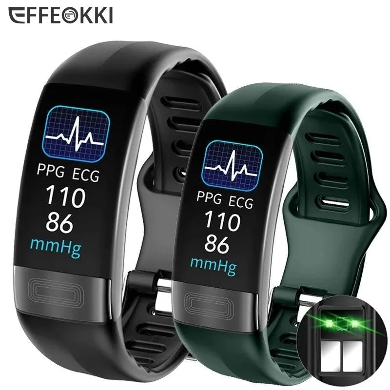 Two fitness trackers, one black and one green, with heart rate monitoring display on a white background.