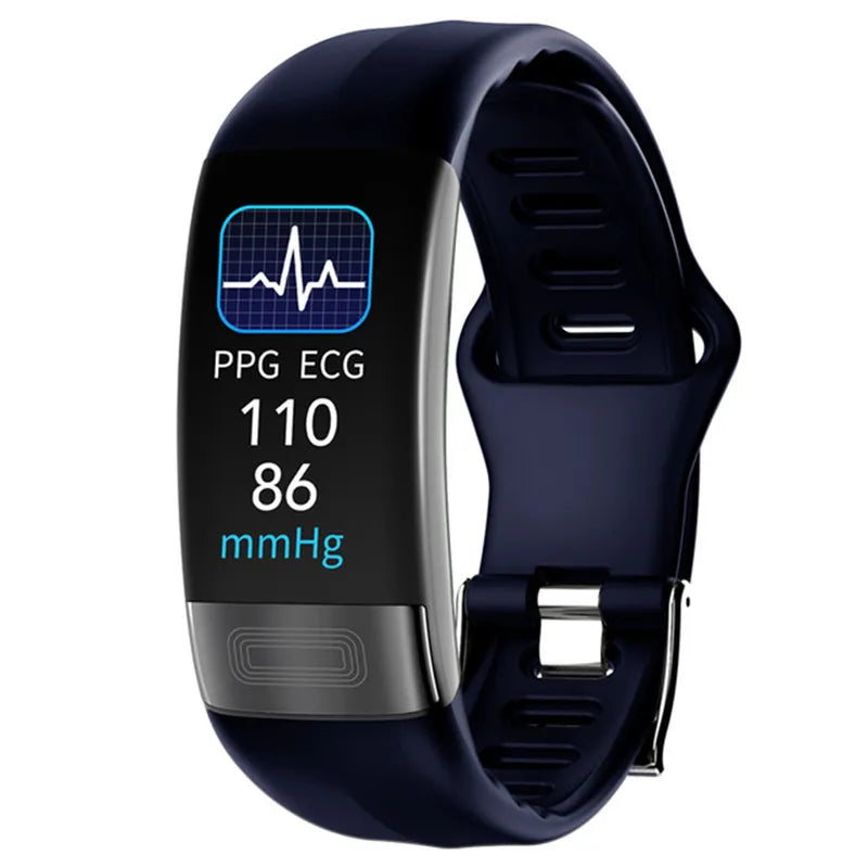 Navy blue fitness tracker with digital display on a white background