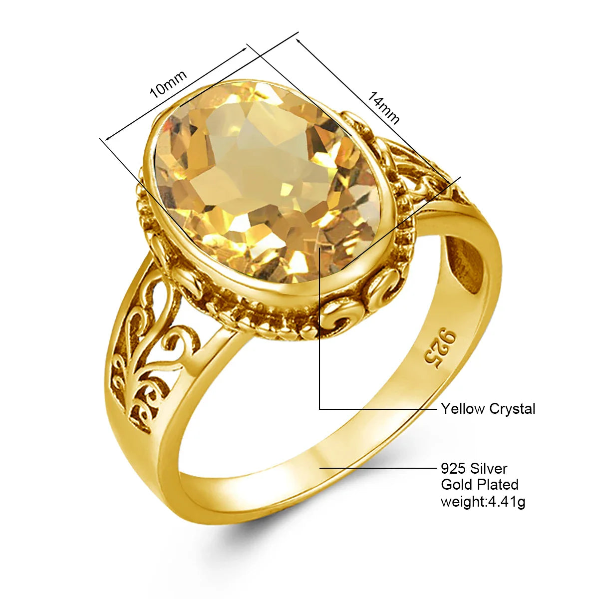Gold ring with yellow crystal and measurement details on a white background